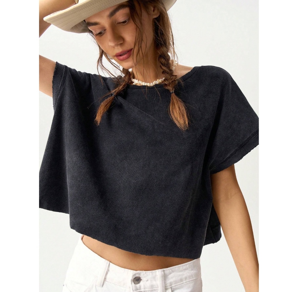 Black Cotton Oversized Cropped Muscle Tee Shirt Raw Hem and Inside Out Stitches - Picture 2 of 11